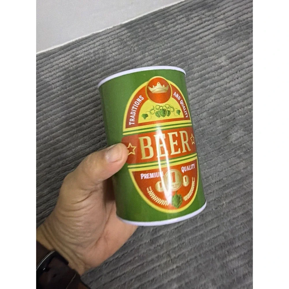 NWT Gift Beer Can Money Piggy Bank Aluminum Green Tan New